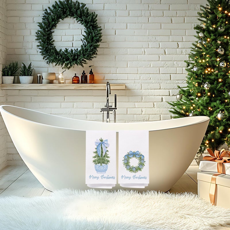 SPBL&L Chinoiserie Christmas Kitchen Towels,Light Blue Bow Coquette Christmas Tree Dish Towels for Kitchen Bathroom, Blue Christmas Hand Towels for Kitchen, Grandmillennial Decor,16x24 Inches Set of 2 - Image 3